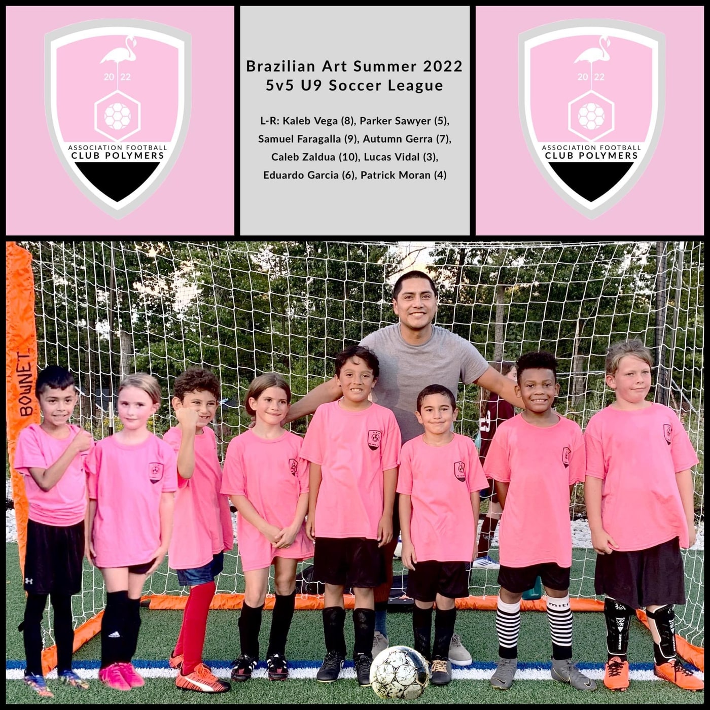 The first AFC Polymers team in pink jerseys with coach and founder Cesar Vega at the Brazilian Art Summer Futsal 2022 5v5 U9 league