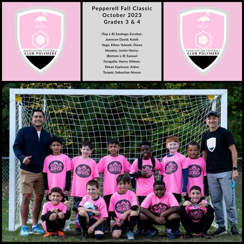 A roster card and team photo of boys in pink Beech Homes jerseys with two coaches in front of a soccer goal